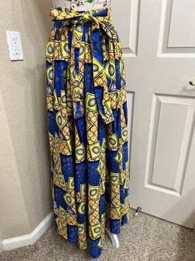 Vibrant Blue and Yellow Printed Maxi Skirt with Waist Tie